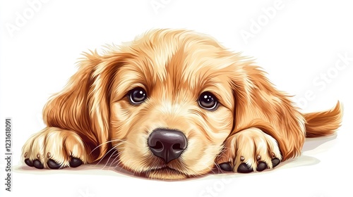 Golden Retriever puppy lying down, white background, adorable pet photo