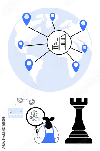 World map with location pins, company building icon. Woman examines financial document, chess rook signifies strategy. Ideal for business expansion, global connectivity, financial insights, strategic