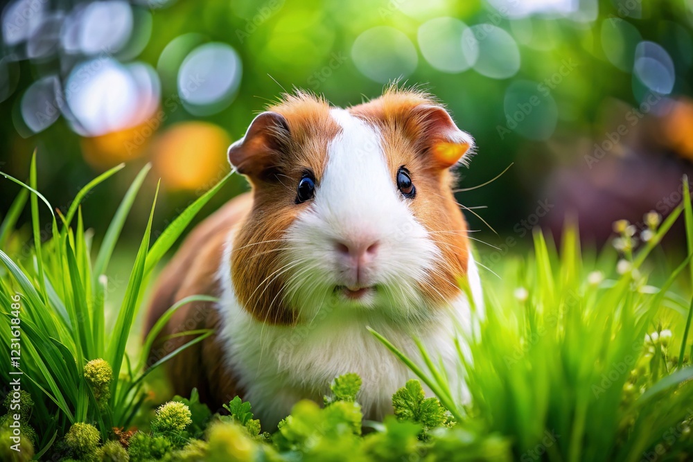 Adorable Guinea Pig Grazes in Lush Garden