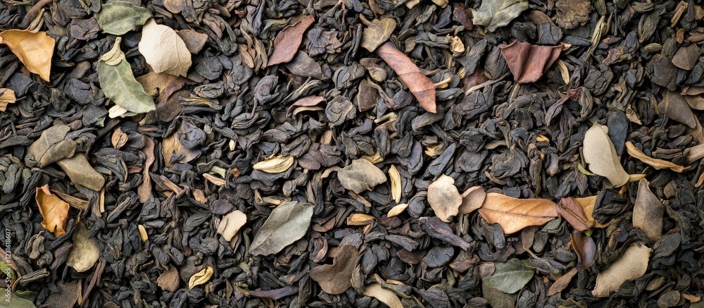 Diverse assortment of dry tea leaves in earthy tones of brown and green arranged densely in a macro cut out style showcasing intricate textures. Diverse assortment of dry tea leaves in earthy tones of brown and green arranged densely in a macro cut out style showcasing intricate textures.