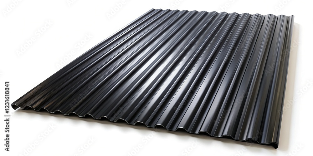Black Corrugated Steel Sheet Metal: Perspective View with Clipping Path
