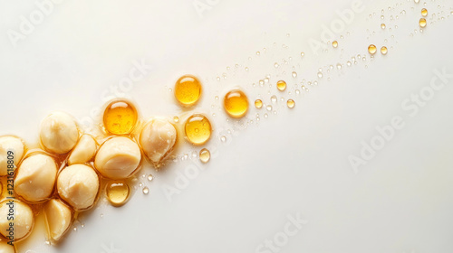 Artistic composition of macadamia nut oil and peeled nuts on light background, showcasing rich texture and color of oil. droplets create visually appealing effect