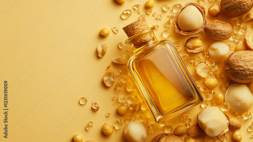 Artistic composition of macadamia nut oil in clear bottle surrounded by nuts and oil droplets, creating warm and inviting atmosphere Artistic composition of macadamia nut oil in clear bottle surrounded by nuts and oil droplets, creating warm and inviting atmosphere