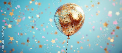 Golden foil balloon showcasing the number 12 floating amidst colorful confetti stars on a soft blue background ideal for birthday designs and invitations photo