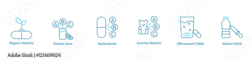 Organic Functional Nutrition Vector Icon Set – Organic Vitamins, Vitamin Juice, Multivitamins, Gummy Effervescent Tablets, Vitamin Drinks