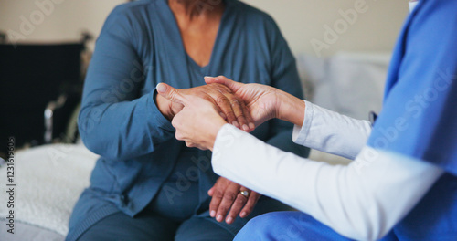 Schilderij op canvas Arthritis, hands or healthcare with nurse and patient in bedroom of home for massage or preparation