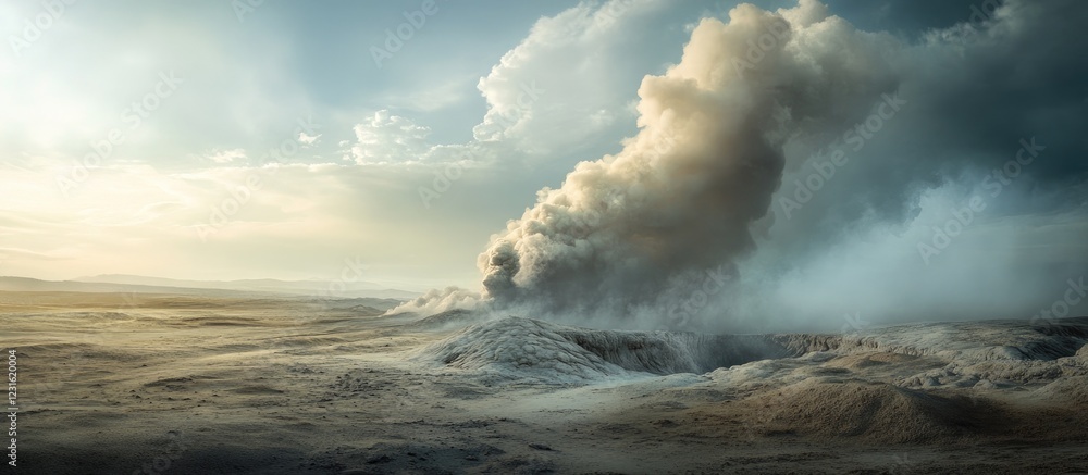 Fototapeta premium Dramatic seascape with turbulent waves and a towering cloud formation under a soft blue and gold sky creating a dynamic and moody atmosphere.
