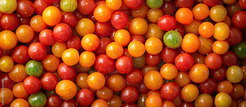 Vibrant assortment of hydroponically grown cherry tomatoes in red, orange, and green hues showcasing freshness and farming efficiency from above