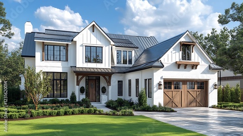 Modern two-story house with white walls, wooden accents, and a landscaped garden with green grass and trees