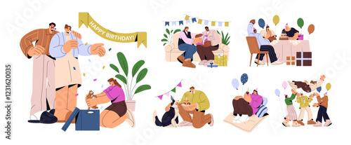 Set of birthday party. Friends with cake, balloons congratulate with holiday. Family presents festive gifts. Person celebrates anniversary alone. Flat isolated vector illustrations on white background