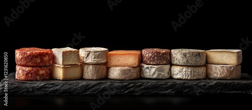 Artfully arranged selection of artisanal cheeses on a dark slate board showcasing rich textures and diverse colors against a solid black background photo