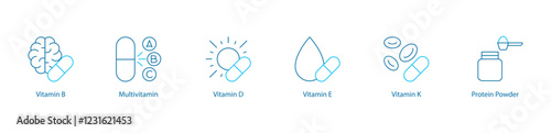 Complete Vitamin Supplement Vector Icon Set – Vitamin B, Multivitamin, D, Vitamin E, Vitamin K, Protein Powder