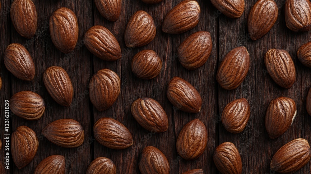 An overhead view of assorted almonds scattered on a dark wooden background, highlighting their rich texture and color, ideal for culinary projects and healthy lifestyle themes. An overhead view of assorted almonds scattered on a dark wooden background, highlighting their rich texture and color, ideal for culinary projects and healthy lifestyle themes.