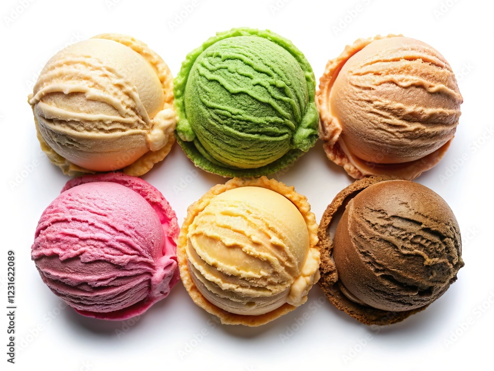 Five Delicious Ice Cream Scoops: Vanilla, Strawberry, Caramel, Pistachio & Chocolate - Top View Five Delicious Ice Cream Scoops: Vanilla, Strawberry, Caramel, Pistachio & Chocolate - Top View