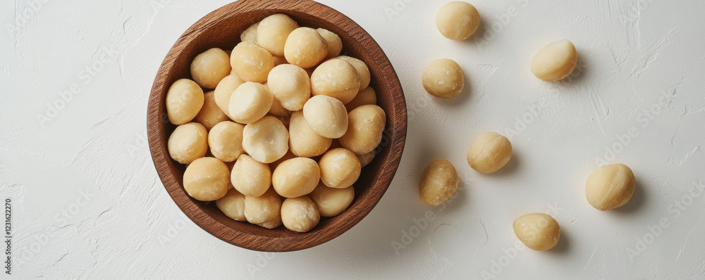 Close up of macadamia nuts in round wooden bowl on light background, showcasing their creamy texture and natural color. Perfect for healthy snacking or culinary use Close up of macadamia nuts in round wooden bowl on light background, showcasing their creamy texture and natural color. Perfect for healthy snacking or culinary use