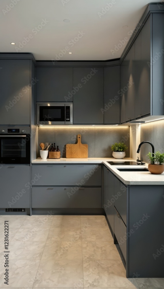 Fototapeta premium Modern gray kitchen corner with breakfast bar, style, interior