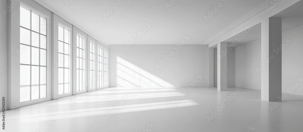 Fototapeta premium Bright minimalistic interior with large white windows casting soft shadows on clean white walls and floor showcasing spaciousness and tranquility.