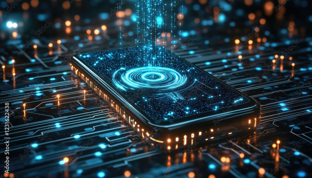 Fototapeta premium Digital Data Transfer to Smartphone on Circuit Board with Glowing Lights