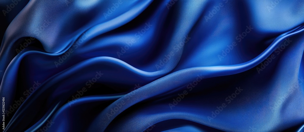 Fototapeta premium Abstract deep blue silk fabric with soft waves and textures, creating a smooth backdrop with ample copy space for creative design projects.