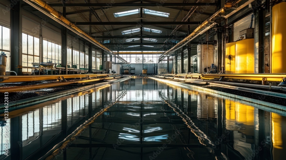 Obraz premium Industrial water treatment plant, reflective pools, factory interior