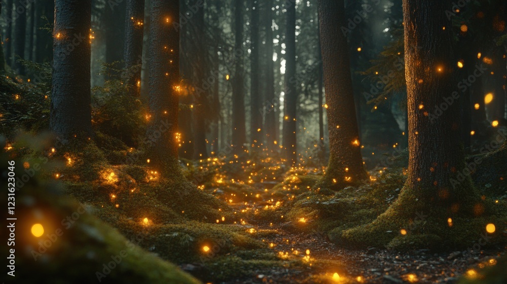 Fototapeta premium Enchanted Firefly Forest: A Mystical Night in the Woods