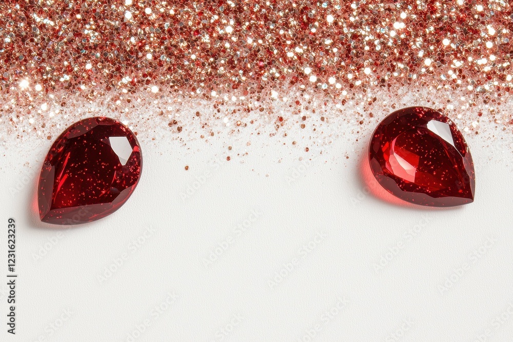 Glimmering red gems on glittery background. Glimmering red gems on glittery background.
