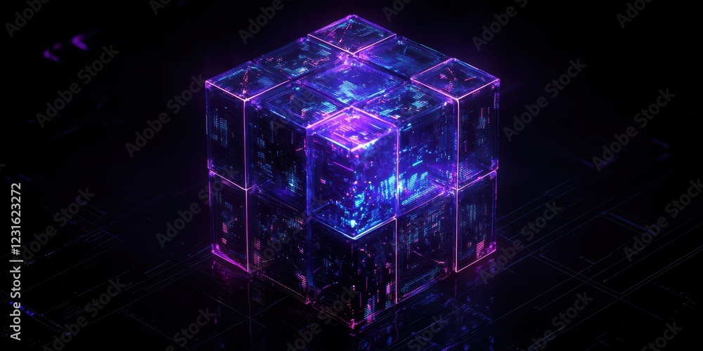 3D illustration of a high-tech computer chip with glowing red and blue squares representing data flow 3D illustration of a high-tech computer chip with glowing red and blue squares representing data flow
