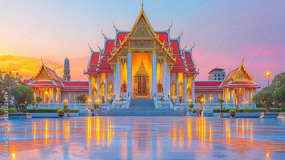 Naklejka premium Wat Benchamabophit Marble Temple Dawn Reflective Pool