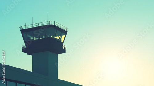 An airport control tower stands tall against a gradient sky with warm sunlight creating a modern and minimalist aviation-inspired scene  

