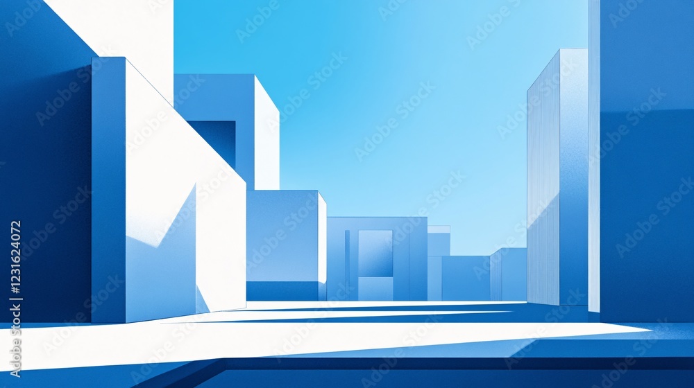 Minimalist Cityscape with Geometric Shapes and Clear Blue Sky Minimalist Cityscape with Geometric Shapes and Clear Blue Sky