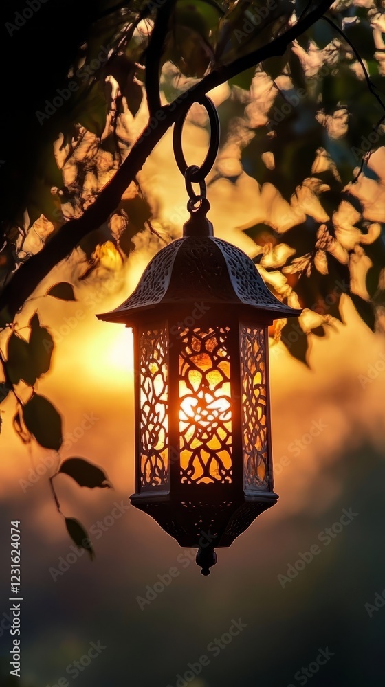 A decorative lantern hangs from a tree branch, illuminated by the warm glow of a sunset, creating a serene and peaceful atmosphere. A decorative lantern hangs from a tree branch, illuminated by the warm glow of a sunset, creating a serene and peaceful atmosphere.
