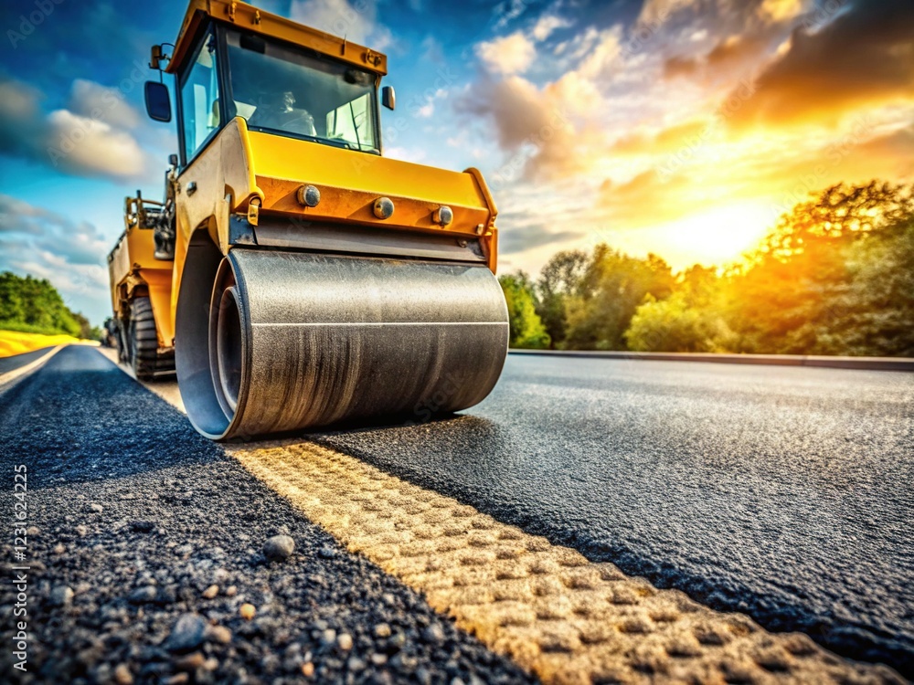 Macro Close-up of Asphalt Paver Roller Compacting Gravel on Road Construction Site Macro Close-up of Asphalt Paver Roller Compacting Gravel on Road Construction Site