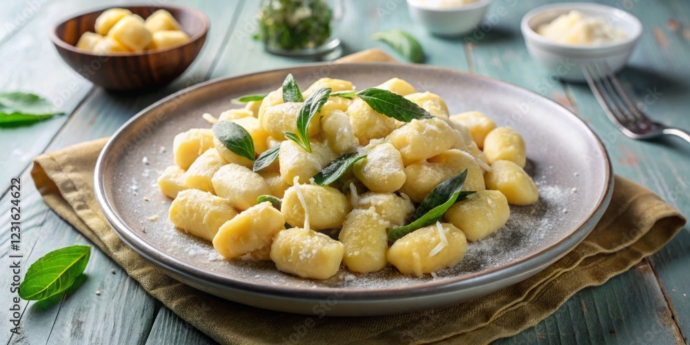 Homemade Gnocchi Served with Fresh Basil and Cheese Sprinkling Homemade Gnocchi Served with Fresh Basil and Cheese Sprinkling