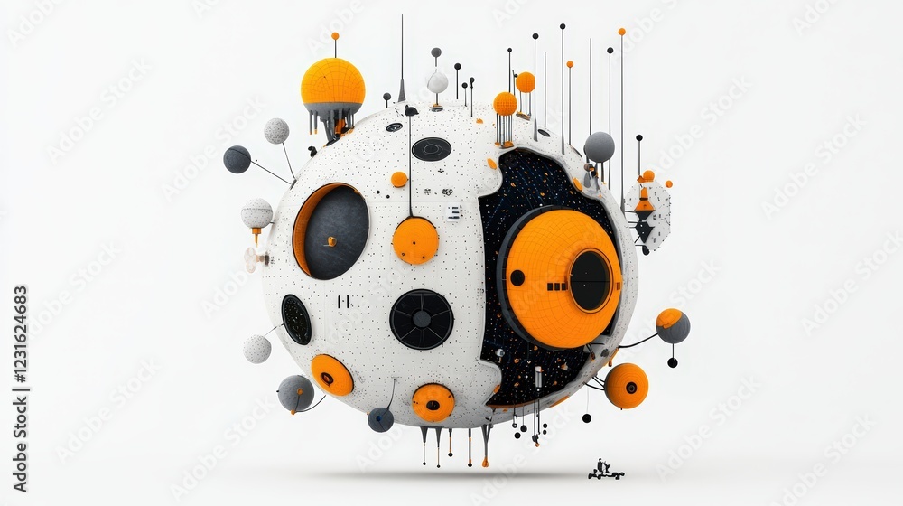 Obraz premium A futuristic spherical design featuring contrasting colors and abstract elements, perfect for technology and innovation themes.