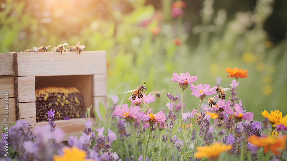 Bee-Friendly Garden with Blooming Flowers and Charming Wooden Beehive