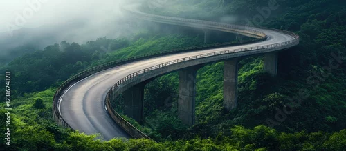 Panel kuchenny z motywem Serene winding road over a long concrete bridge in lush green countryside shrouded in morning fog with soft gray and vibrant green tones