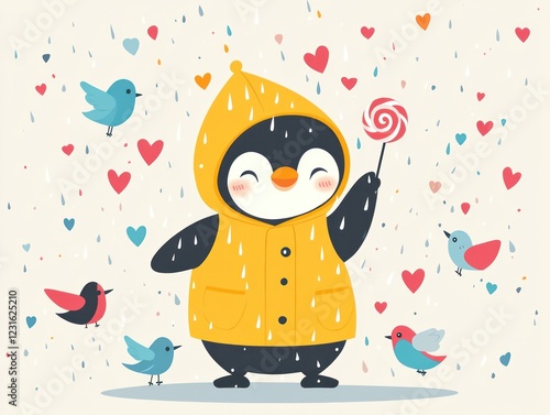 Happy penguin in raincoat, lollipop, rain, birds, love photo