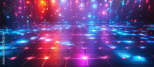 Vibrant disco dancefloor illuminated by colorful LED lights in shades of blue, pink, and purple creating an energetic atmosphere for dancing