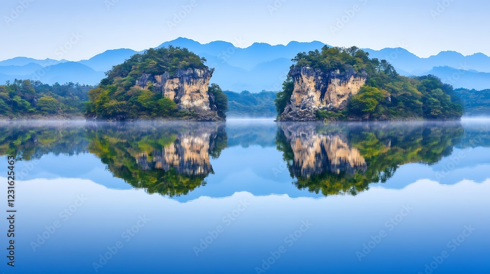 Misty Lake Reflections Twin Islands, Mountains Misty Lake Reflections Twin Islands, Mountains