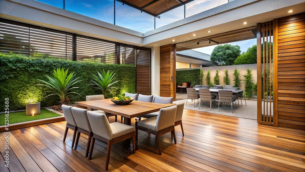 Modern Backyard Alfresco Dining: Deck, Privacy Screen & Stylish Furniture Modern Backyard Alfresco Dining: Deck, Privacy Screen & Stylish Furniture
