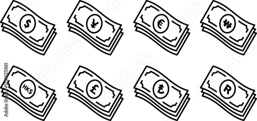 Collection of banknote icons from 8 countries.
