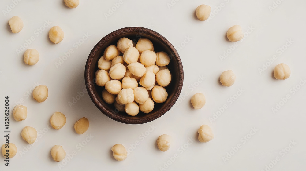 Fresh macadamia nuts in dark wooden bowl on light background, surrounded by scattered nuts, creating natural and inviting atmosphere Fresh macadamia nuts in dark wooden bowl on light background, surrounded by scattered nuts, creating natural and inviting atmosphere