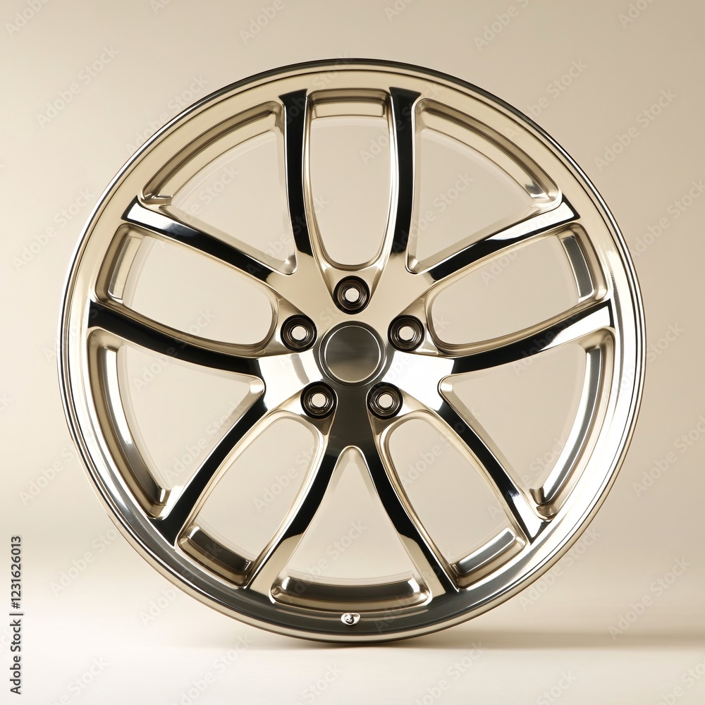 Obraz premium Polished Aluminum Alloy Wheel Displayed Against Simple Background