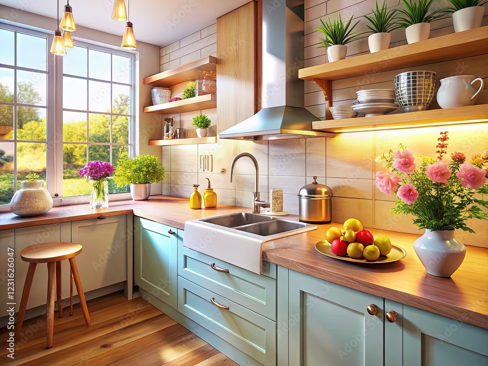 Modern Kitchen with Bright Interior, Cabinetry, and Appliances Modern Kitchen with Bright Interior, Cabinetry, and Appliances