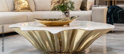 Elegant modern coffee table with golden shell design, white top, positioned centrally on a stylish marble floor, surrounded by contemporary decor. photo