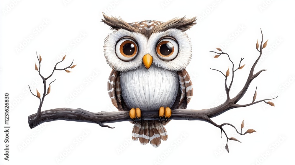 Fototapeta premium A cute cartoon owl perched on a branch, showcasing big eyes and soft feathers, perfect for children's decor or educational materials.