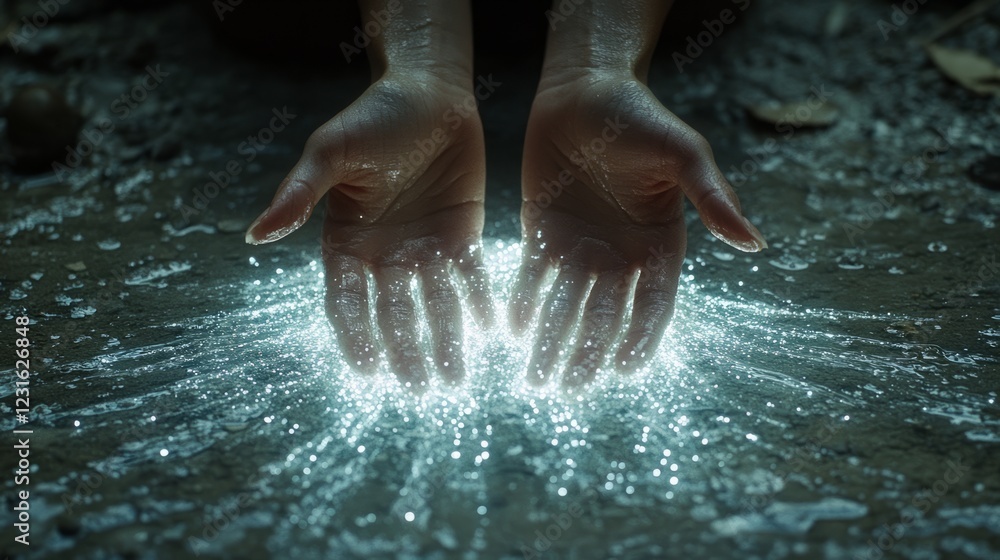 Fototapeta premium A person's hands press against the ground, leaving bright, glowing traces in the shape of hands.
