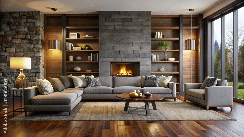 Fototapeta premium Northwest Living Room: Gray & Brown Modern Interior with Stone Fireplace Silhouette
