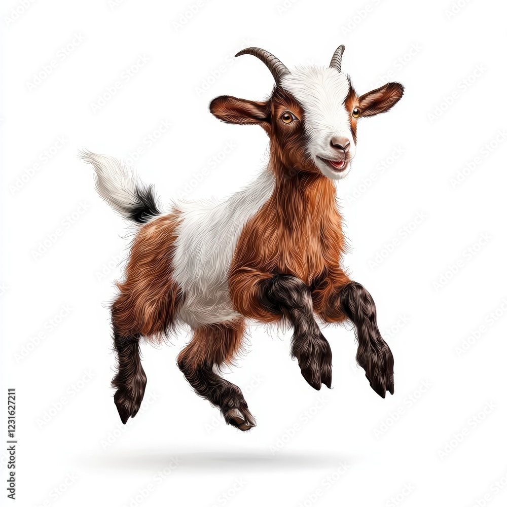 Fototapeta premium A lively goat leaps joyfully, showcasing its playful spirit and vibrant fur in a charming illustration.