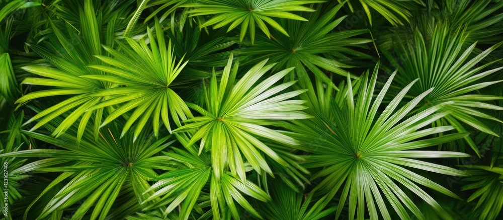 Vibrant green palm leaves densely arranged in a lush tropical background creating a serene exotic ambiance ideal for nature-themed projects Vibrant green palm leaves densely arranged in a lush tropical background creating a serene exotic ambiance ideal for nature-themed projects